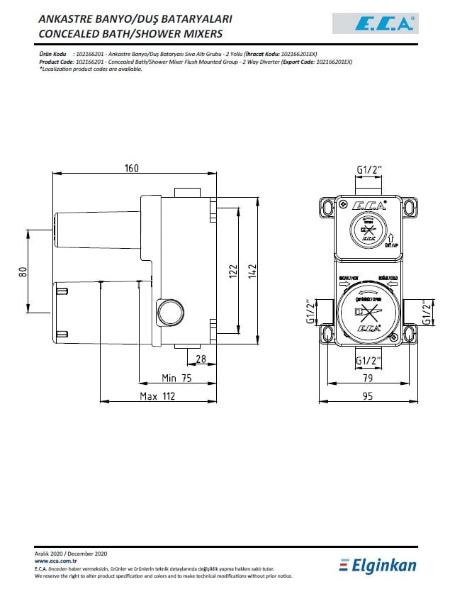 Eca Icon Ankastre Banyo-Duş Bataryası Sıva Altı Grubu 102166201 Teknik Resim