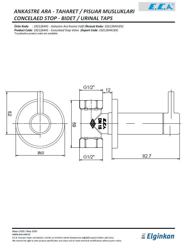 Eca Ankastre Ara Kesme Valfi 102126441 Teknik Resim