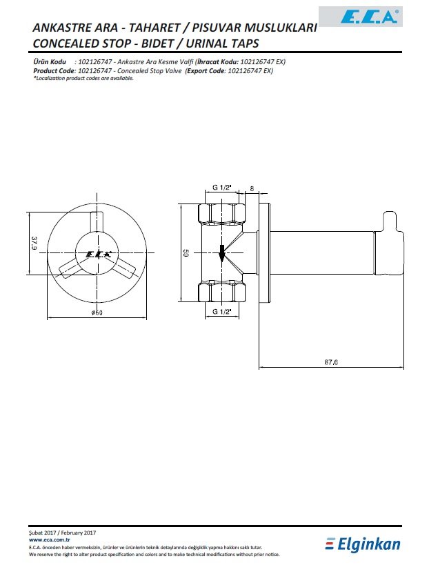 Eca Ankastre Ara Kesme Valfi 102126747 Teknik Resim