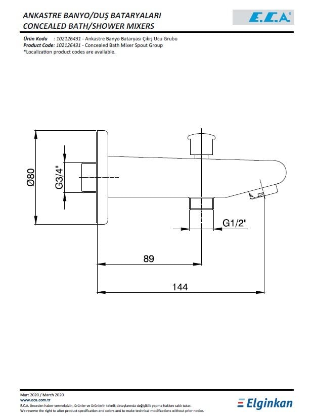 Eca Ankastre Banyo Bataryası Çıkış Ucu Grubu 102126431 Teknik Resim