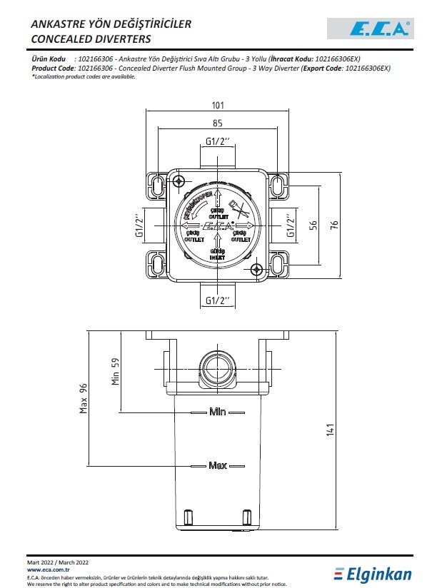 Eca Ankastre Yön Değiştirici Sıva Altı Grubu 102166306 Teknik Resim