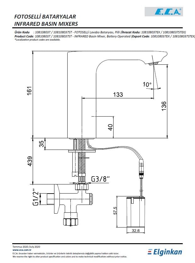 Eca Compact Fotoselli Lavabo Bataryası - Pilli 108108037 Teknik Resim