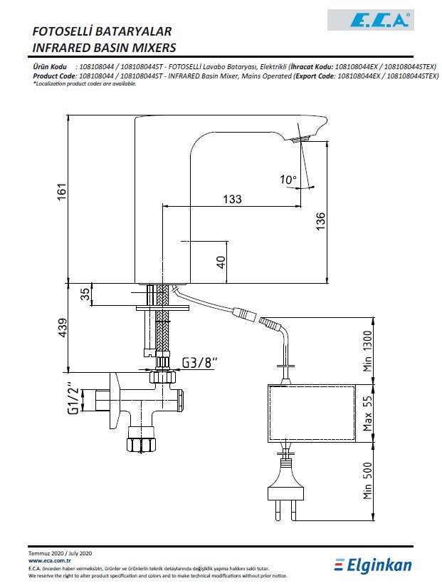 Eca Compact Fotoselli Lavabo Bataryası - Elektrikli 108108044 Teknik Resim