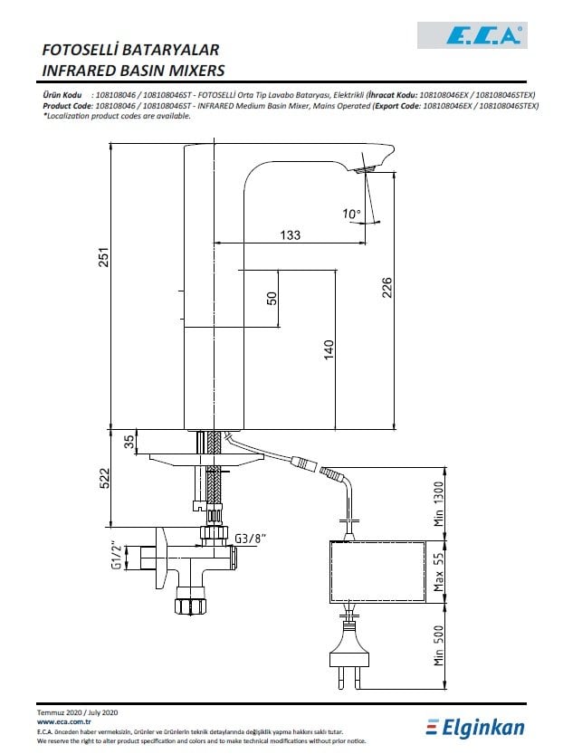 Eca Compact Fotoselli Orta Boy Lavabo Bataryası - Elektrikli 108108046 Teknik Resim