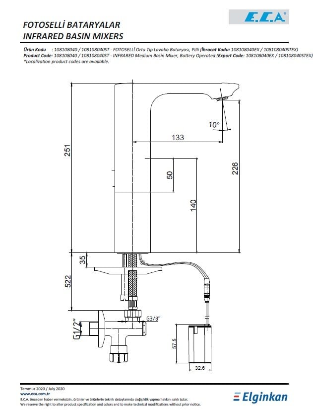 Eca Compact Fotoselli Orta Boy Lavabo Bataryası - Pilli 108108040 Teknik Resim