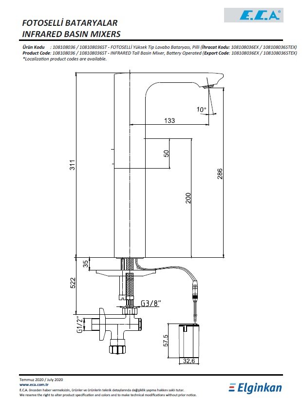 Eca Compact Fotoselli Yüksek Tip Lavabo Bataryası - Pilli 108108036 Teknik Resim