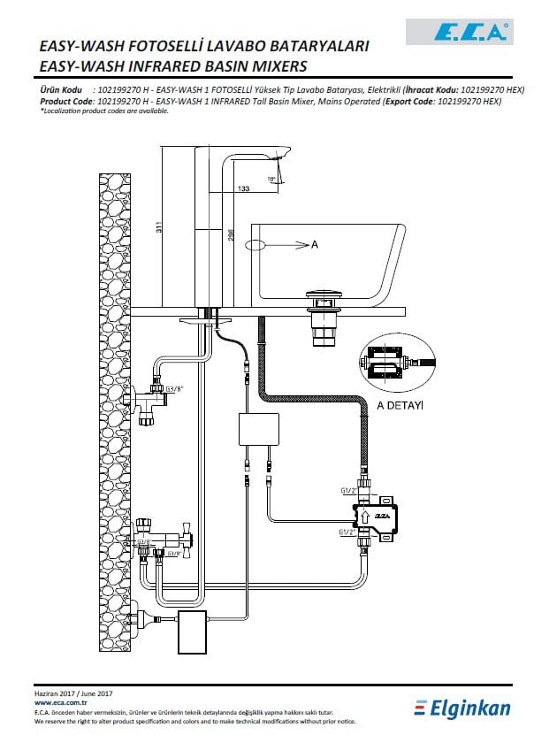 Eca Easy-Wash 1 Yüksek Tip Fotoselli Lavabo Bataryası - Elektrikli 102199270H Teknik Resim