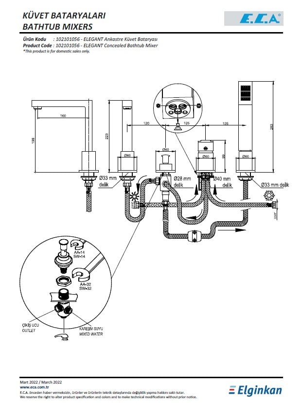 Eca Elegant Ankastre Küvet Bataryası 102101056 Teknik Resim