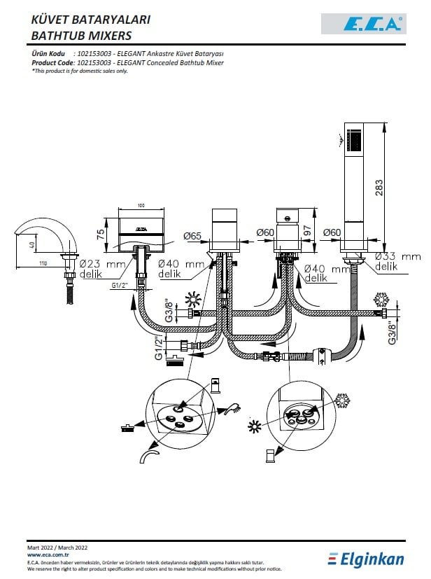 Eca Elegant Ankastre Küvet Bataryası 102153003 Teknik Resim