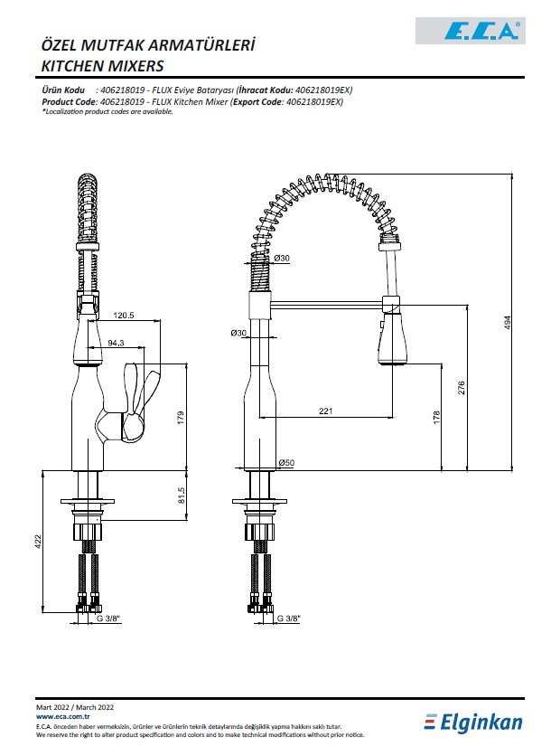 Eca Flux Yaylı Paslanmaz Çelik Görünümlü Mutfak Bataryası 406218019 Teknik Resim