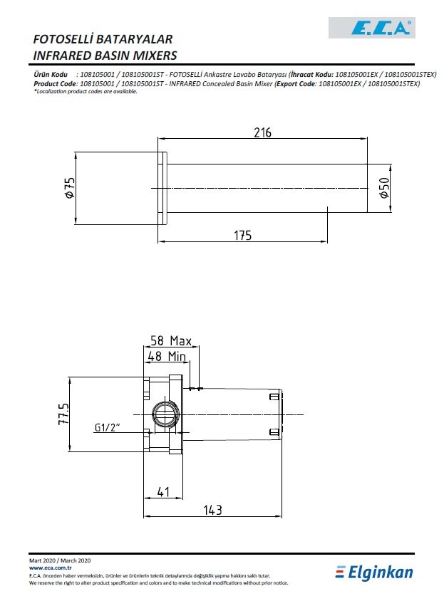 Eca Fotoselli Ankastre Lavabo Bataryası - Pilli 108105001 Teknik Resim