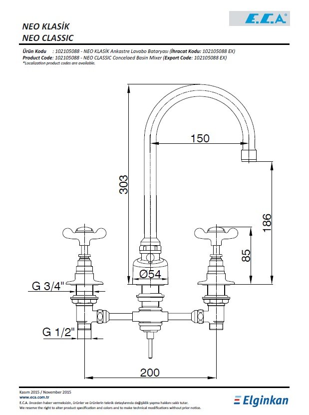 Eca Neo Klasik Ankastre Lavabo Bataryası 102105088 Teknik Resim