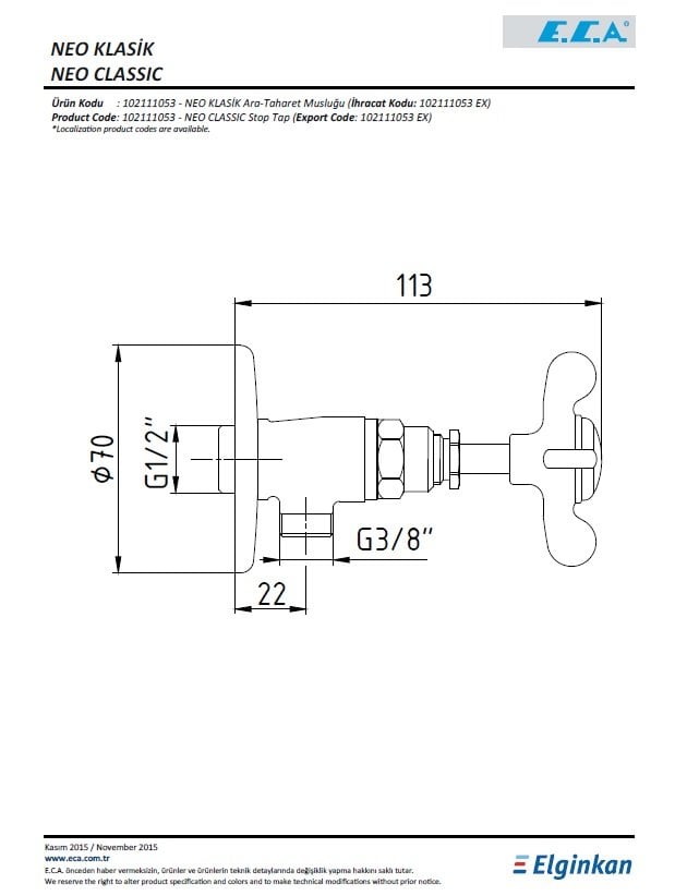 Eca Neo Klasik Ara Taharet Musluğu 102111053 Teknik Resimler