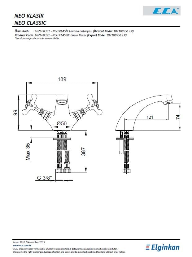 Eca Neo Klasik Lavabo Bataryası 102108351 Teknik Resim