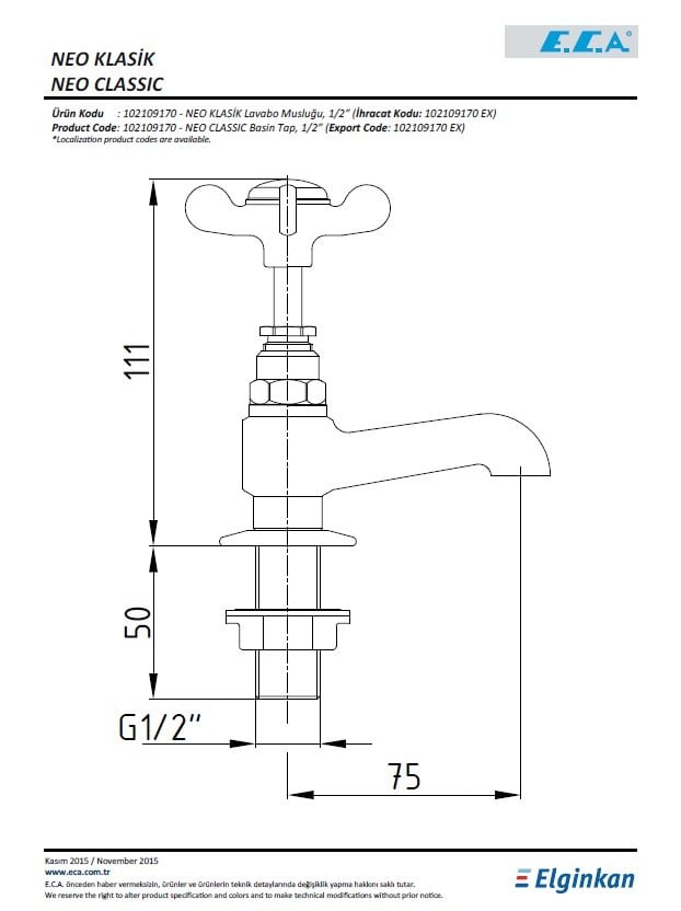Eca Neo Klasik Lavabo Musluğu 102109170 Teknik Resim