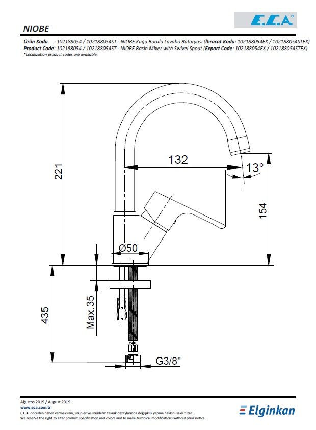 Eca Niobe Kuğu Borulu Lavabo Bataryası 102188054 Teknik Resim