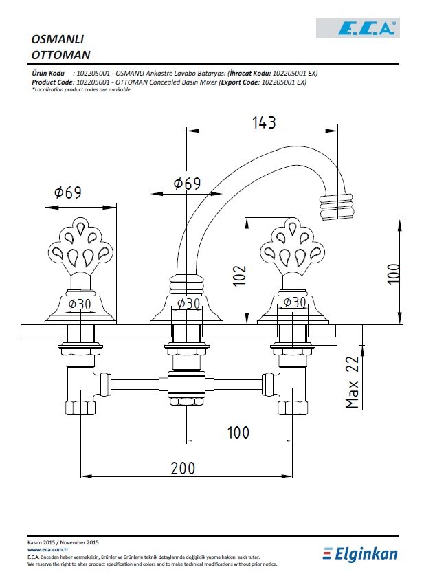 Eca Osmanlı Ankastre Lavabo Bataryası 102205001 Teknik Resim