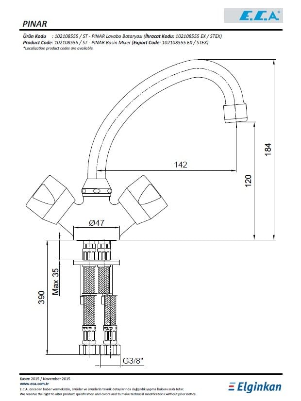 Eca Pınar Kuğu Borulu Lavabo Bataryası 102108555 Teknik Resim