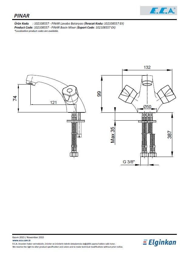 Eca Pınar Lavabo Bataryası 102108557 Teknik Resim