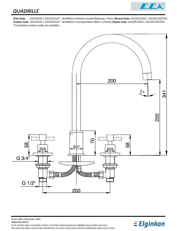 Eca Quadrille Ankastre Lavabo Bataryası 102105152 Teknik Resim