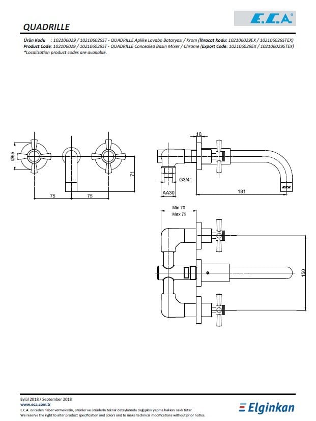 Eca Quadrille Aplike Ankastre Lavabo Bataryası 102106029 Teknik Resim