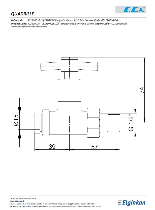 Eca Quadrille Düz Radyatör Vanası 402120010 Teknik Resim
