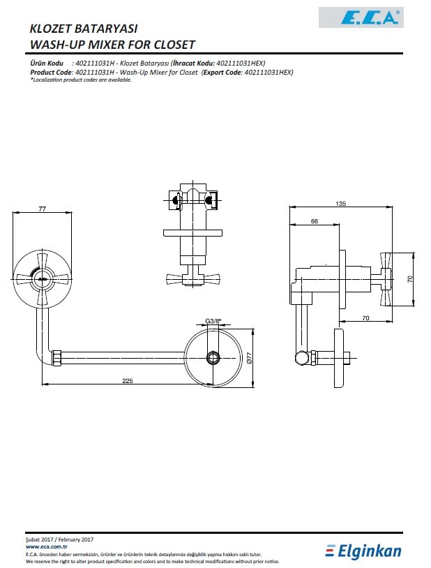 Eca Quadrille Klozet Bataryası 402111031H Teknik Resim
