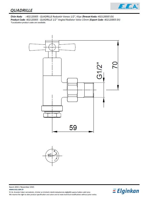 Eca Quadrille Köşe Radyatör Vanası 402120005 Teknik Resim