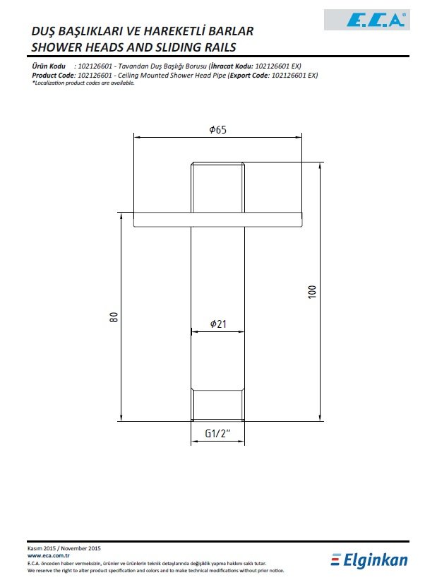 Eca Tavandan Duş Başlığı Boru Grubu 102126601 Teknik Resim