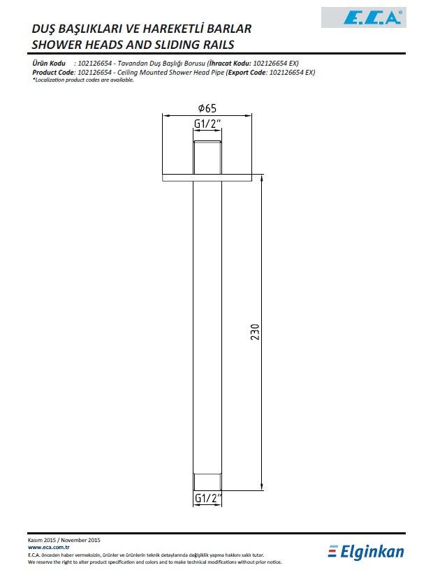 Eca Tavandan Duş Başlığı Boru Grubu 102126654 Teknik Resim