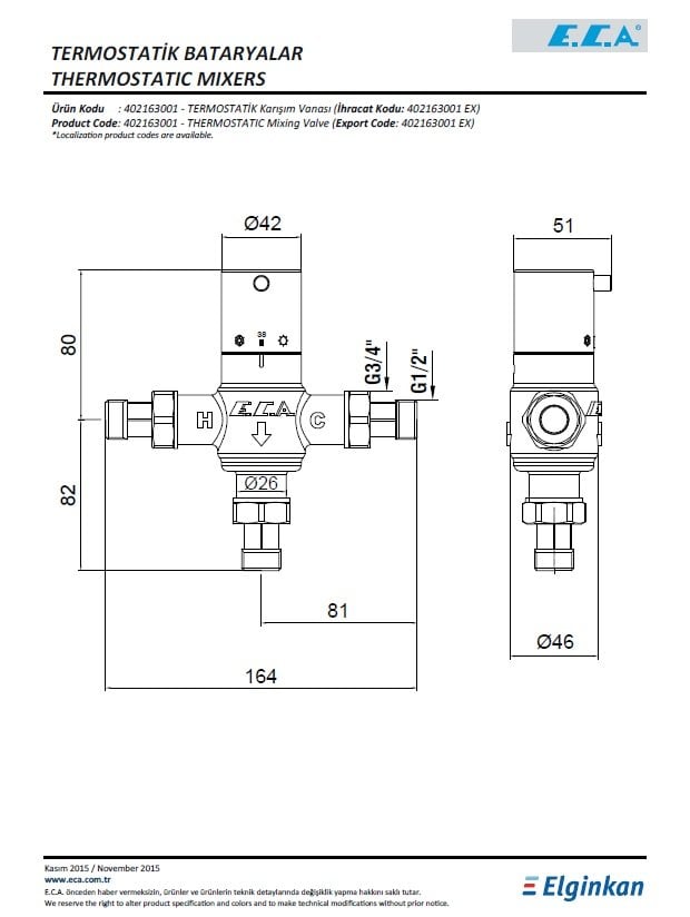 Eca Termostatik Karışım Vanası 402163001 Teknik Resim