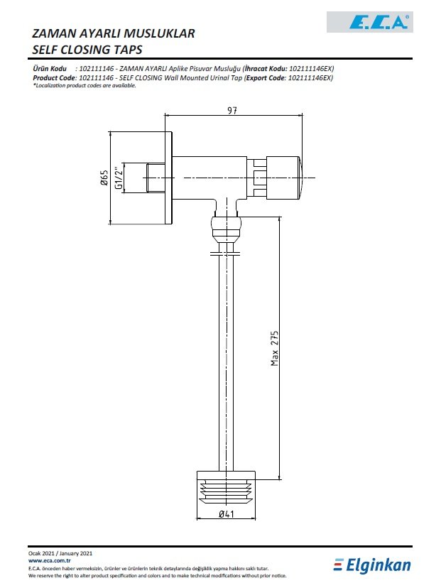 Eca Zaman Ayarlı Aplike Pisuvar Musluğu 102111146 Teknik Resim