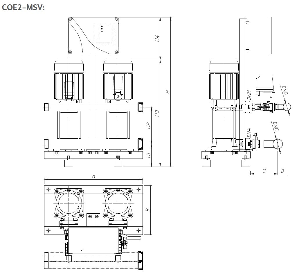 Wilo Initial COE2-MSV Dikey Tip Bir Pompalı Paket Hidrofor Ölçüleri