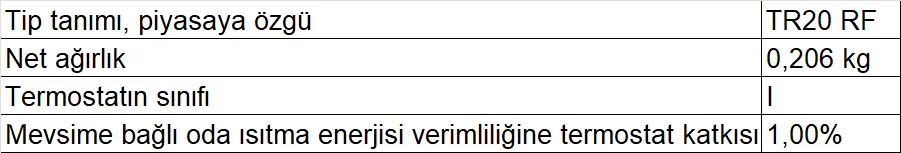 Bosch TR20RF Kablosuz Dijital Oda Termostatı Teknik Verileri