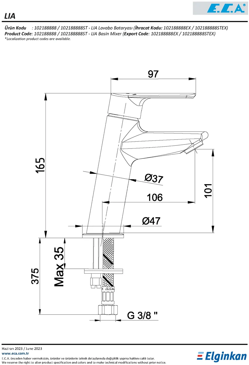 Eca 102188888 Lia Lavabo Bataryası Teknik Resim