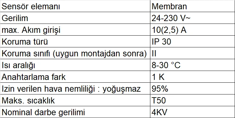 Vaillant VRT 15 Kablolu Oda Termostatı Teknik Verileri