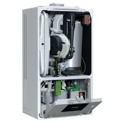 Buderus GB122i.2 kombi iç yapısı, ön kapağı açık ve bileşenleri görünür